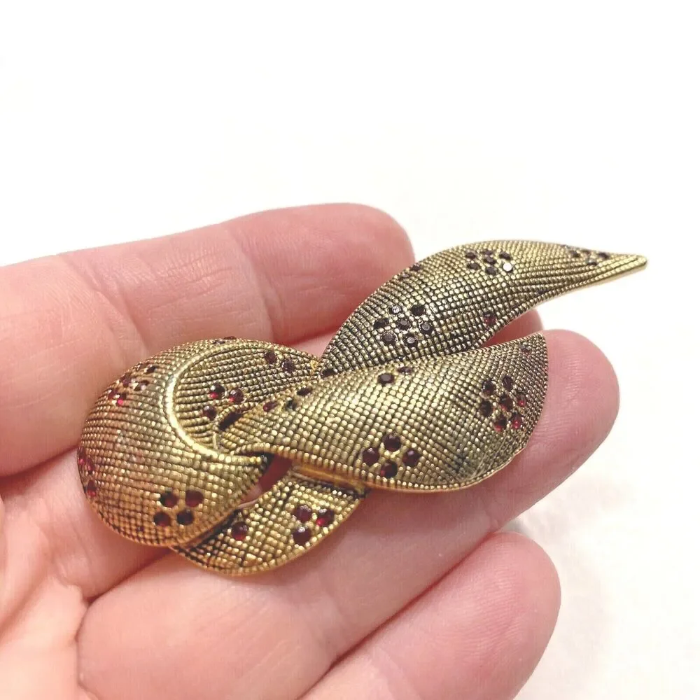 Textured Gold statement brooch mod knot tiny red rhinestones Art Deco with FLAW